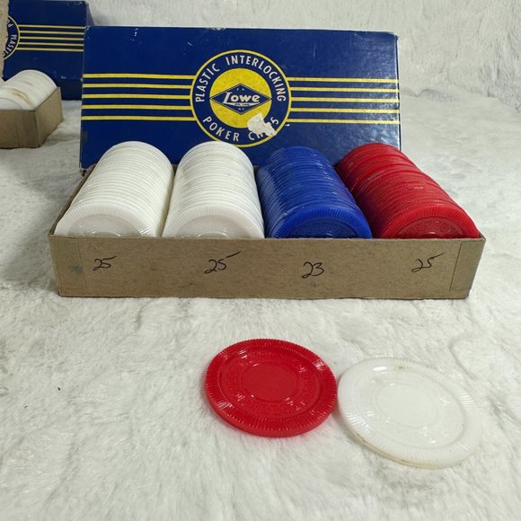 Set Vintage 100 x 2 Lowe Plastic Poker Chips USA Red White Blue original boxes - Picture 2 of 5